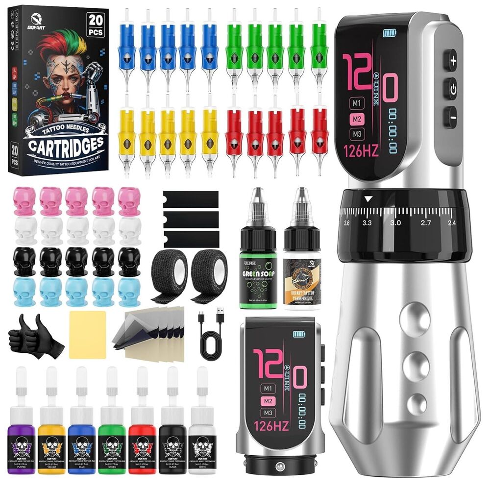 Wireless Tattoo Machine Kit- UINK T9Pro, 7-Stroke Dual Battery Silver